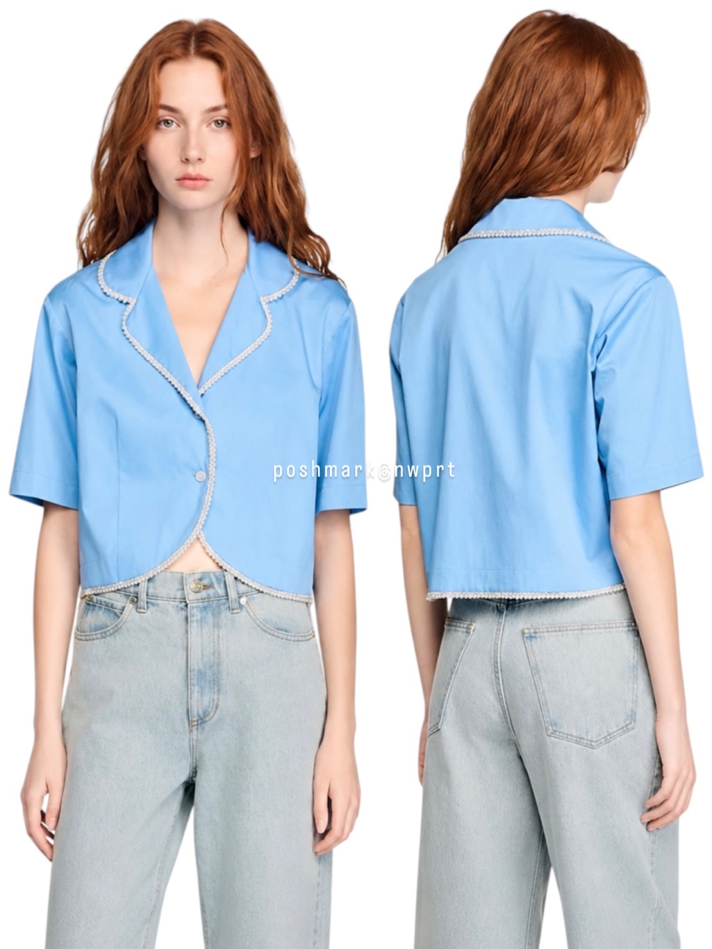 Nwt Sandro Paris Pearl Rhinestone Beaded Cotton Blouse Top Shirt Blue 34 0 Xs